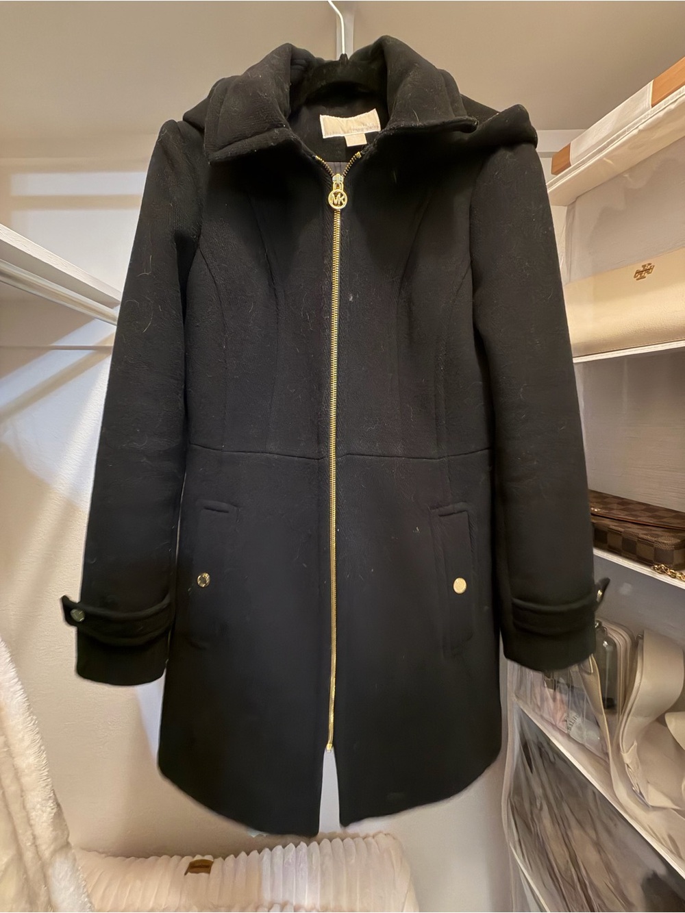 MICHAEL Michael Kors Black Wool-Blend Hooded Pea Coat with Gold Zip